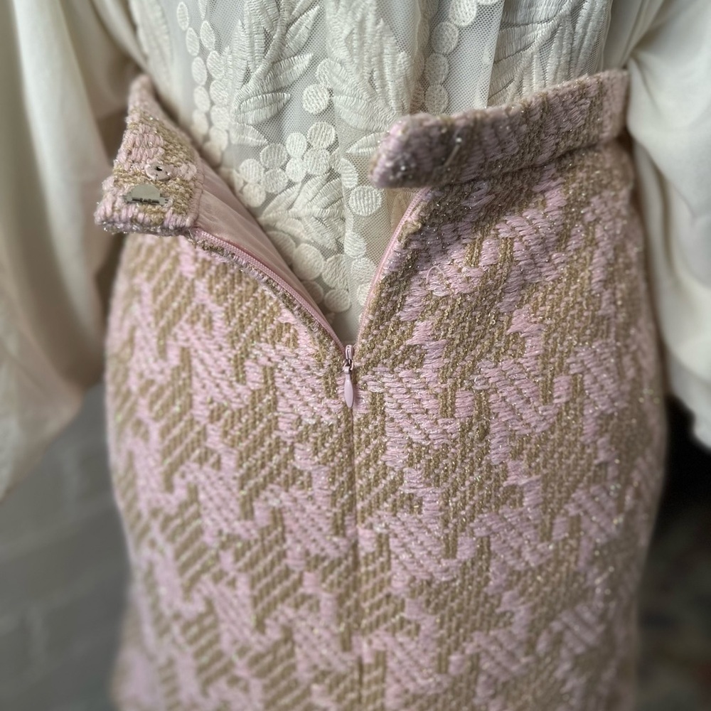 Vintage Peggy Jennings Pink and Gold Houndstooth Tweed Skirt - Picture 10 of 12